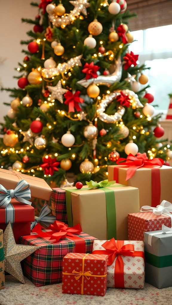 A collection of wrapped Christmas gifts under a decorated tree.